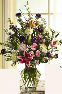 Yellow Carnations, Roses, Alstromeria, Lillies, Larkspur & Asters With Classic Urn Vase