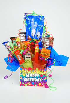 Someone having a birthday? Say happy birthday with our “Birthday Party Candy Bouquet”. Filled with chocolate bars and hard candies this candy bouquet is sure to turn the birthday into a birthday party. It’s their special day. Wish them a “happy birthday” 