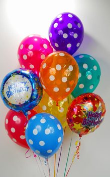 This colorful birthday balloon bouquet features twelve brightly colored latex balloons with two 18" mylar balloons. Just remembered a birthday? No problem just call by 2 p.m and your gift will arrive the same day.