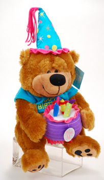Barney the Birthday Bear is 12" tall and comes with his own party hat and plays Happy Birthday. Barney's dressed and ready to party.