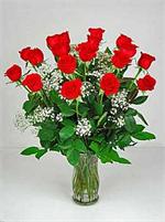 For that extra touch, eighteen long stem roses arranged in a glass garden vase with baker fern, salal tips, tree fern and million star gyp.