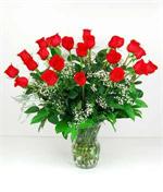 Two dozen long stem premium  roses arranged in a glass garden vase with baker fern, salal tips, tree fern, and million star gyp.