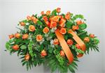 Always in Our Hearts is a full size casket piece arranged with 30 long stems orange colored roses. Also included in the design are molucella stems, with mixed greens, million star gyp and matching ribbons. Choice of script is included.