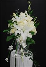White Siberia lillies,with white roses, Israel and Italian ruscus and white dendrobium orchids