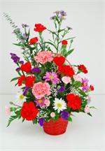 It’s no wonder why this charming red basket is called “Cupids Choice”. Filled with cotton candy carnations, valentine red carnations, snow white daisy, lavender daisies, purple statice, purple asters, mixed greens and million star gyp.  