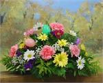 Fresh from the Easter Egg hunt, our “Eggsellent” centerpiece is sure to add a touch of color to your Easter Celebration. We designed this centerpiece with long lasting pink carnations, yellow, white and lavender spray daisies with a touch of baby breath, 