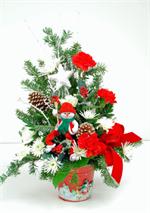 Let Frosty send your holiday greeting to your family and friends. This colorful holiday container with snowman design, is arranged with red carnations, white mums with mixed fragrant holiday evergreens, snow covered pine cones, red velvet ribbons, and our