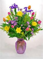 All the spring time flowers are found in this design. Yellow jonquils, with dutch blue iris, mixed color tulips, golden yellow solidago, purple monte casino and mixed greens all arranged in a lavender glass garden vase tied with a butterfly. It's a spri