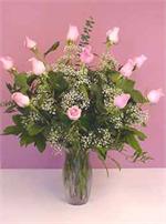 One dozen pink long stem roses in glass garden vase with million star gyp, baker fern, salal tips and tree fern.