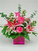 Raspberry colored glass cube is filled with stargazed lilies, pink roses with white sunspring asters, baby eucalyptus and mixed greens. Bold, bright and colorful, this design has it all.