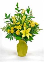 Bright yellow asiatic lillies with golden yellow gerbera daisies, yellow roses and yellow button pomps all arranges in a matching yellow vase and mixed greens.