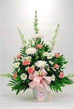 Snow white spider mums are arranged with white daisies, pink carnations  white larkspur and mixed greens and tied with pink ribbons. When words fail us at this difficult time let the beauty of flowers speak for you. 